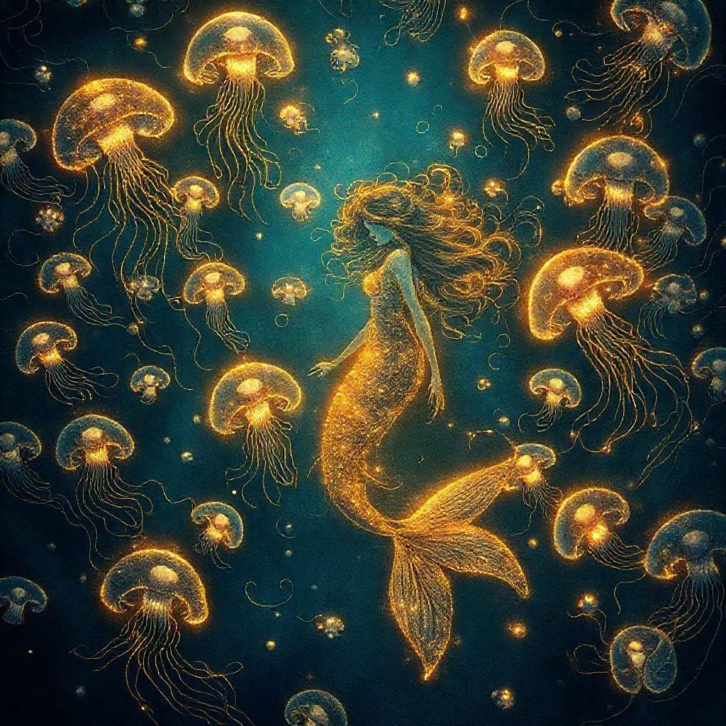 This beautiful wallpaper features a mermaid surrounded by jellyfish, creating a stunning and dreamy scene. The mermaid's long hair flows in the water, while the jellyfish add a touch of whimsy and wonder to the image.