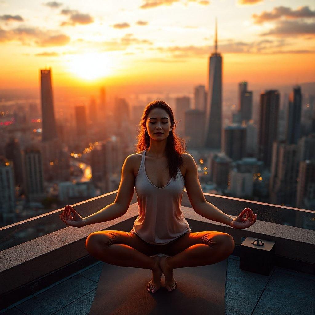 A young woman finds her peace amidst the bustling city skyline at sunset, embodying the essence of serenity and urban living.