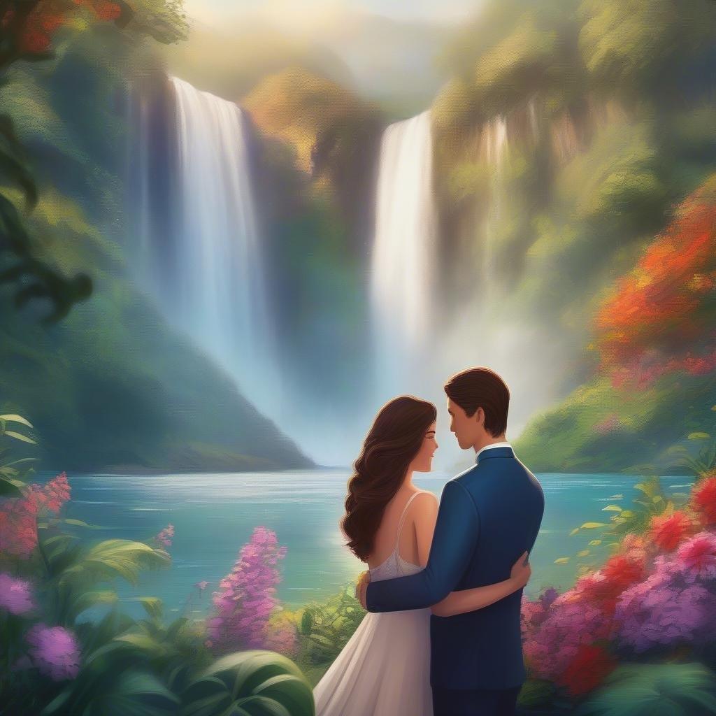 This beautiful wallpaper features a romantic couple embracing by a stunning waterfall, surrounded by lush greenery and vibrant flowers. The serene atmosphere and picturesque scenery make it perfect for desktop and mobile use, evoking feelings of love and tranquility.