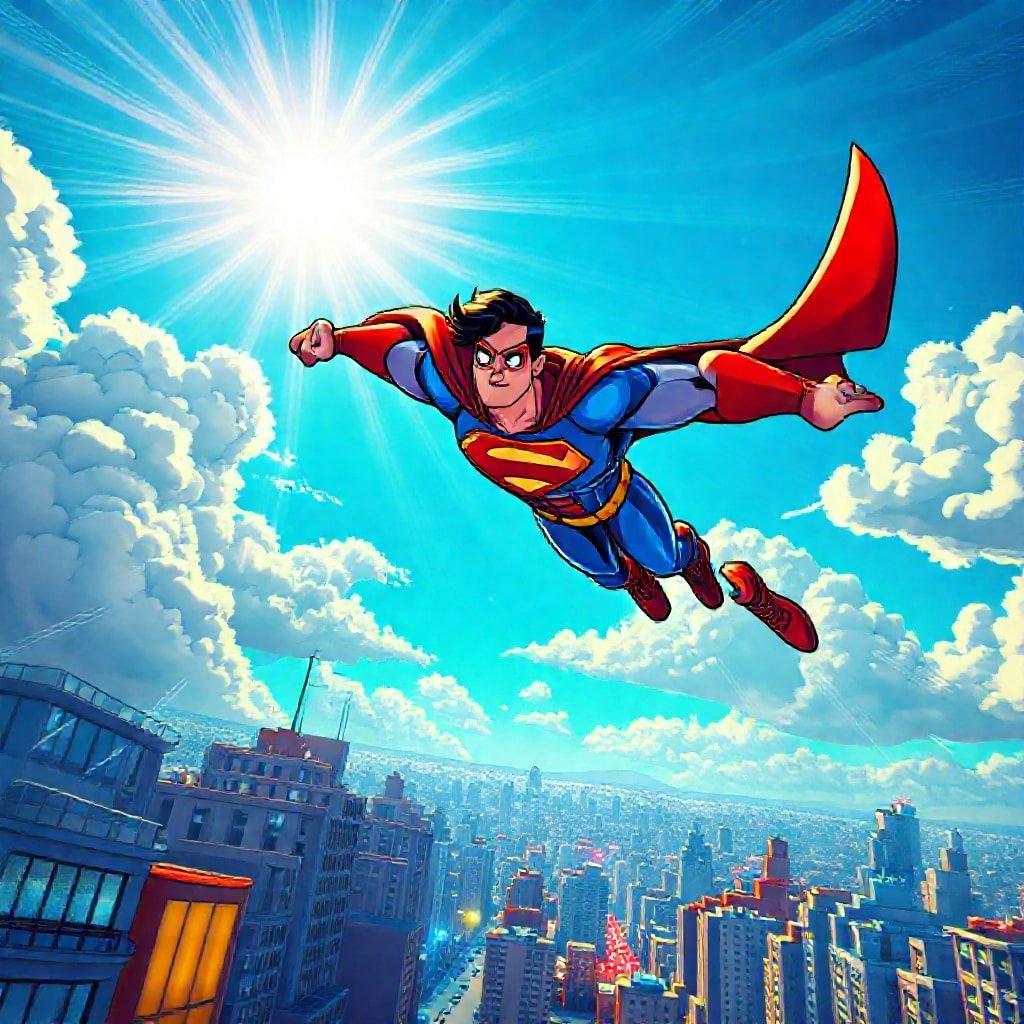 Superman is flying high above the city, his iconic red and blue suit and cape flowing in the wind. The sun shines brightly behind him, casting a warm glow over the urban landscape.