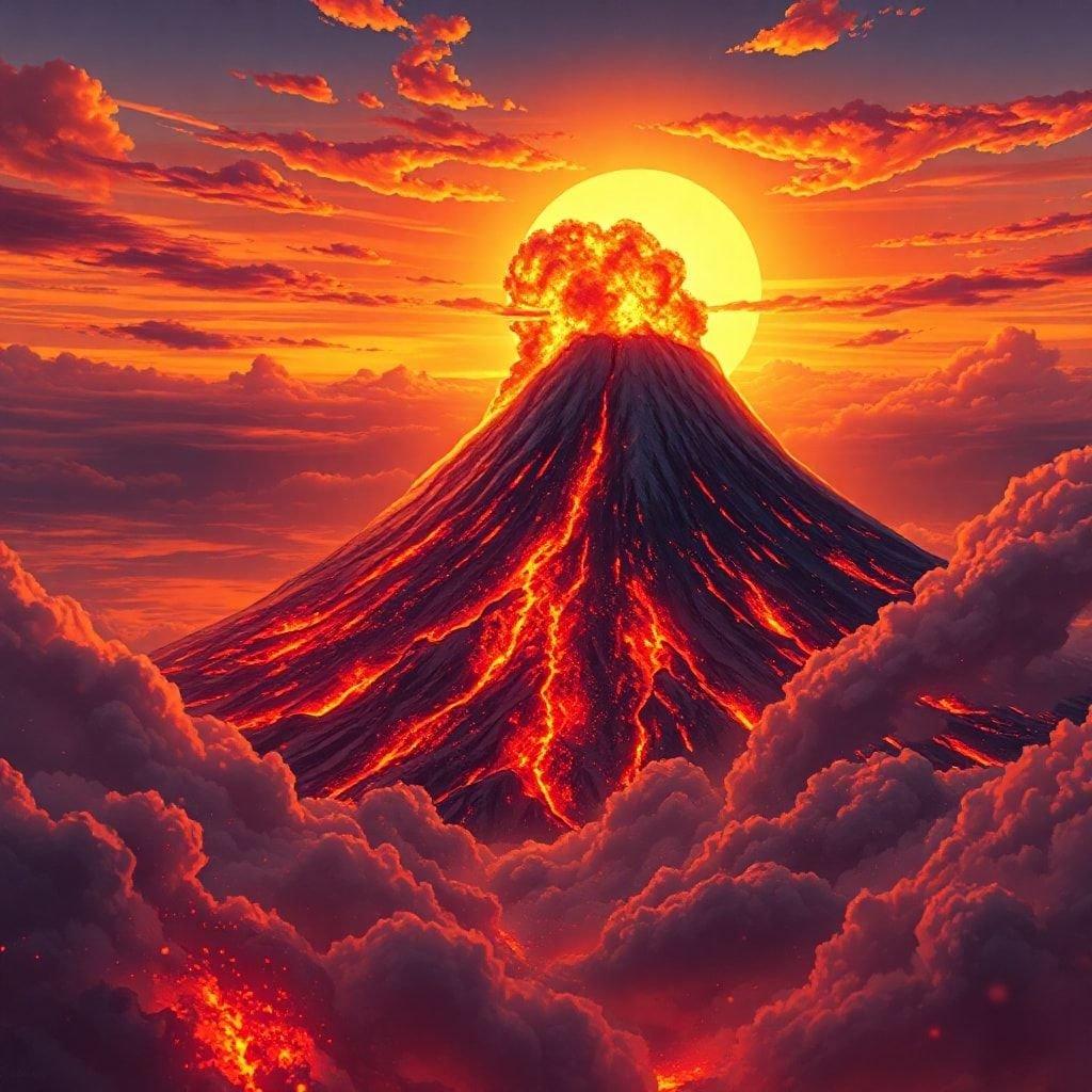 Immerse yourself in the breathtaking beauty of Mount Fuji's fiery eruption, set against a vibrant orange and yellow sky with a radiant sunset.