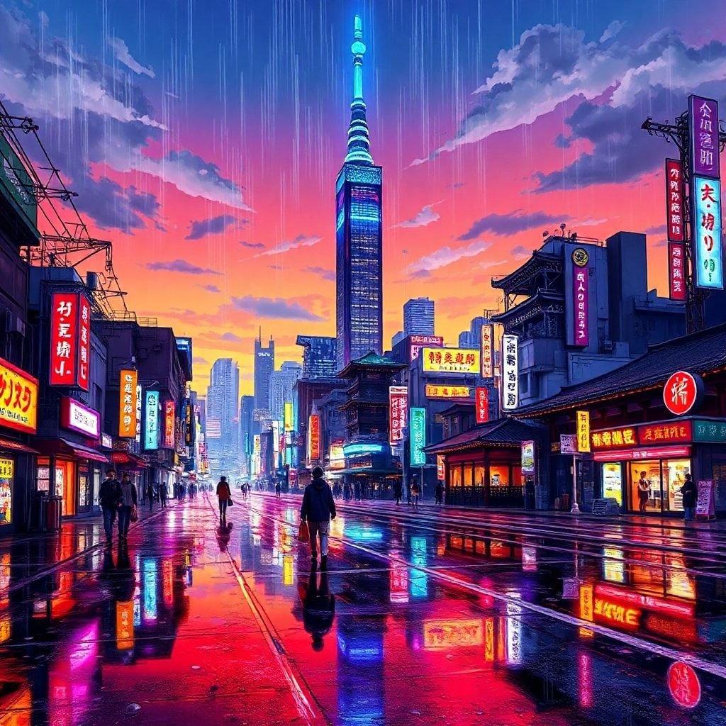 Experience the vibrant and futuristic Tokyo cityscape with this stunning wallpaper. The wet pavement reflects the neon lights, while a large building with a glowing top stands out in the background, capturing the lively and animated atmosphere of the city.