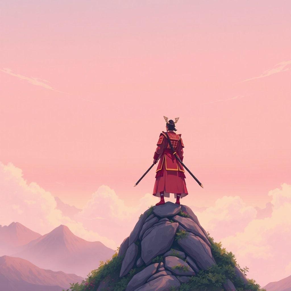 Un'illustrazione serena in stile anime di un samurai in piedi su una cima di montagna, circondato da uno sfondo rosa tenue.