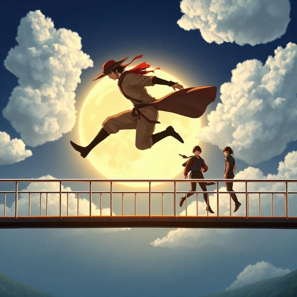 This anime-style wallpaper features a lone ninja warrior leaping across a bridge, with their shadow cast on the moon. The warrior's tan body is accentuated by a black hat and red hat, while the bridge boasts a metal railing on both sides. In the distance, two individuals stand on the right side of the bridge, adding depth to the scene. The deep blue sky is filled with large white clouds, creating a dramatic backdrop for the action.