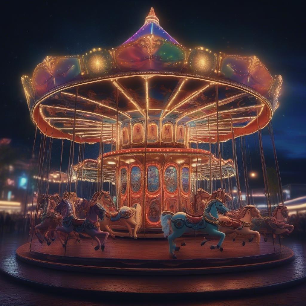 Experience the joyous ambiance of a nighttime carnival with this magical ride that captures the spirit of merriment and excitement.