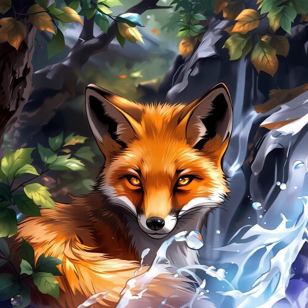 This stunning anime-style illustration captures a serene moment of a fox peeking out from behind a waterfall in a lush forest. The vibrant orange and yellow fur of the fox adds a pop of color to the natural surroundings, while its intense gaze creates a sense of enchantment. The flowing water and lush foliage of the forest create a peaceful atmosphere, inviting the viewer to step into the tranquil world of the illustration.