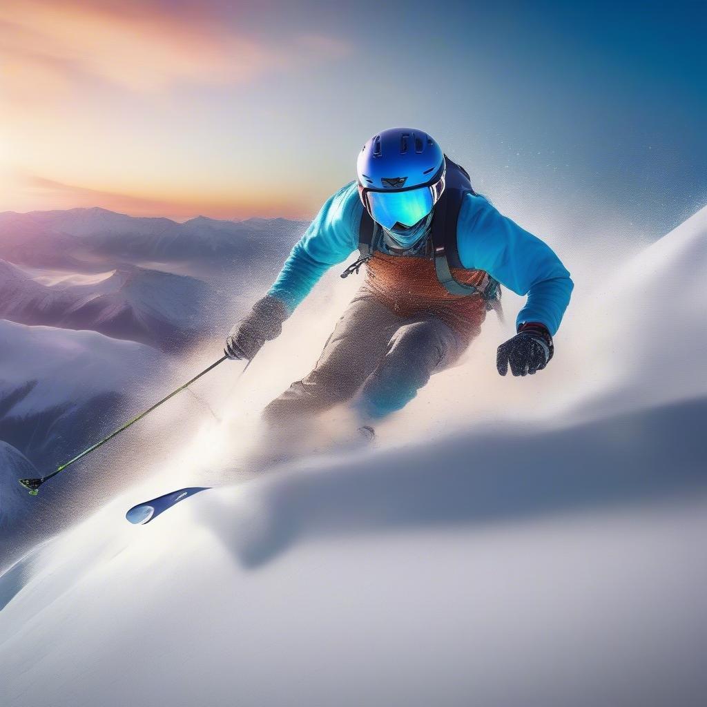 A dynamic scene of a skier in action, navigating down the snowy mountain slope. The clear blue sky contrasts beautifully with the white snow, capturing an exhilarating moment of winter sports.