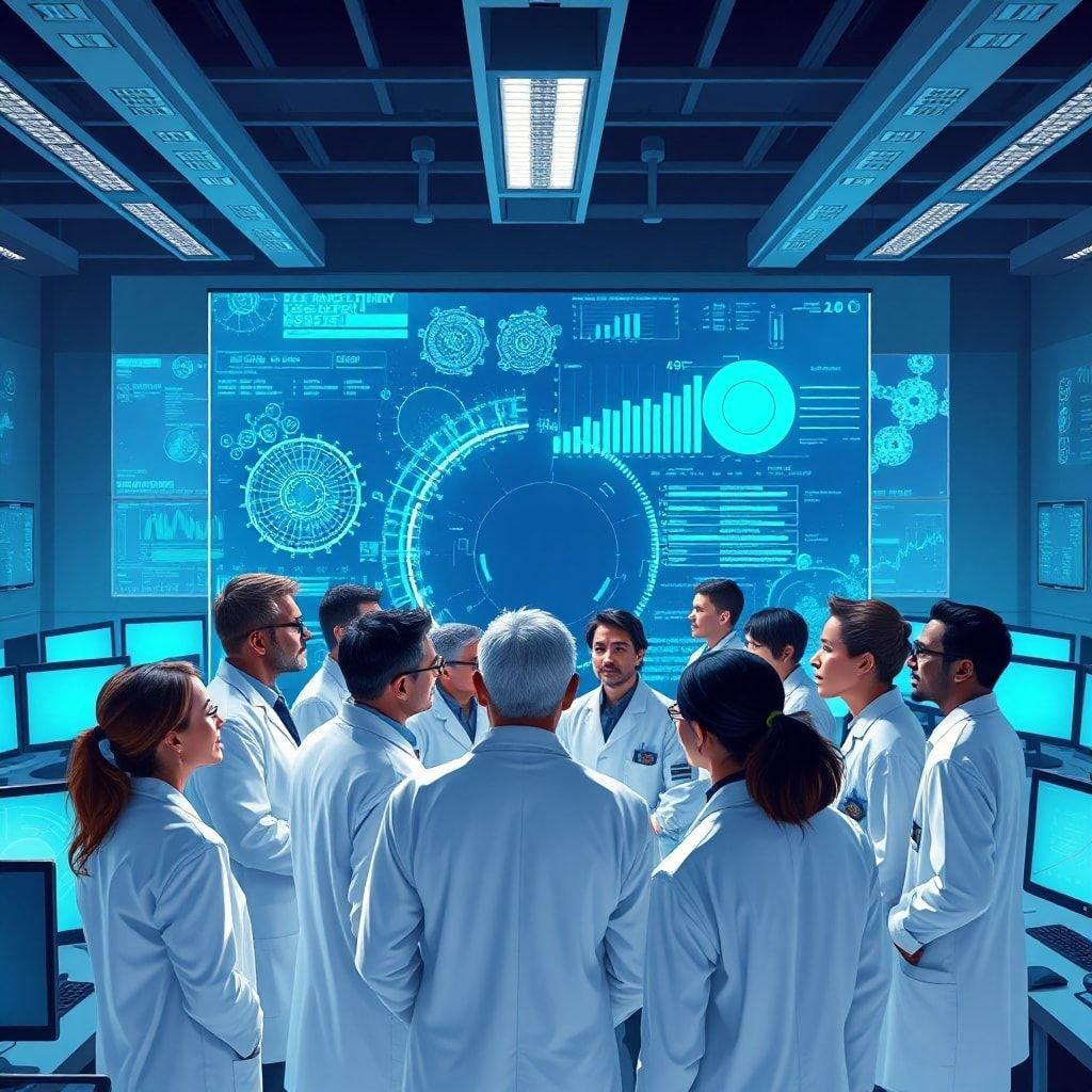 This captivating wallpaper showcases a group of scientists and engineers working together in a high-tech laboratory, surrounded by cutting-edge technology and innovative equipment.