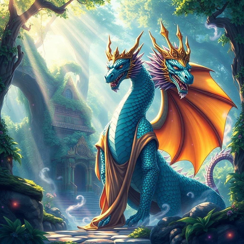 A majestic dragon stands sentinel at the entrance to a mystical forest temple, his golden crown gleaming in the light. The intricate details on his scales and the flowing robe he dons add an air of regal mystery to the scene.