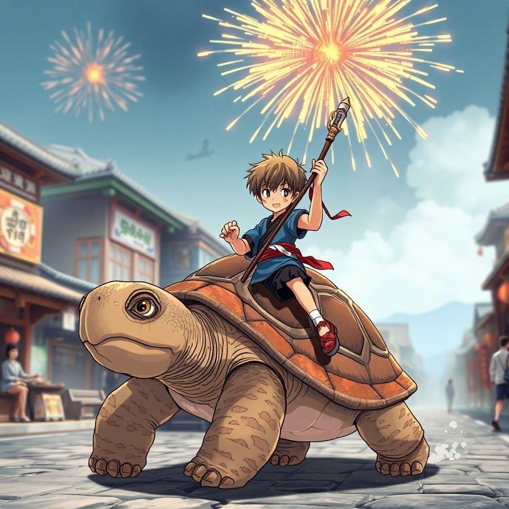 A lively anime illustration of a young boy riding a giant tortoise through the bustling streets of feudal Japan. The boy, wearing a blue shirt and black shorts, holds a staff with a red bow in one hand while enthusiastically waving to the crowd with the other. The daytime scene is vibrant, with fireworks exploding above him, creating an anime-like atmosphere. The background blurs into obscurity, highlighting the energetic main subject.