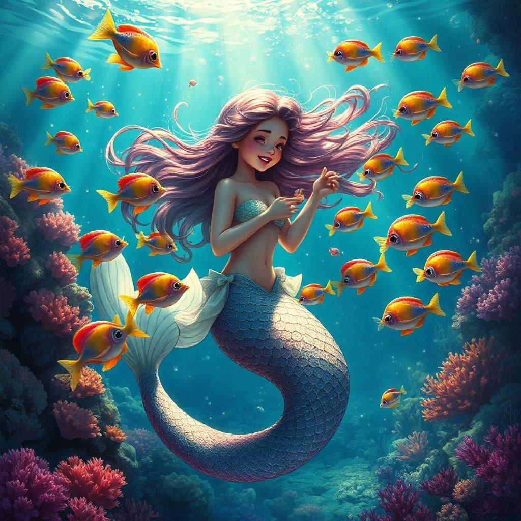 A magical underwater scene featuring a mermaid in her natural habitat, surrounded by tropical fish.