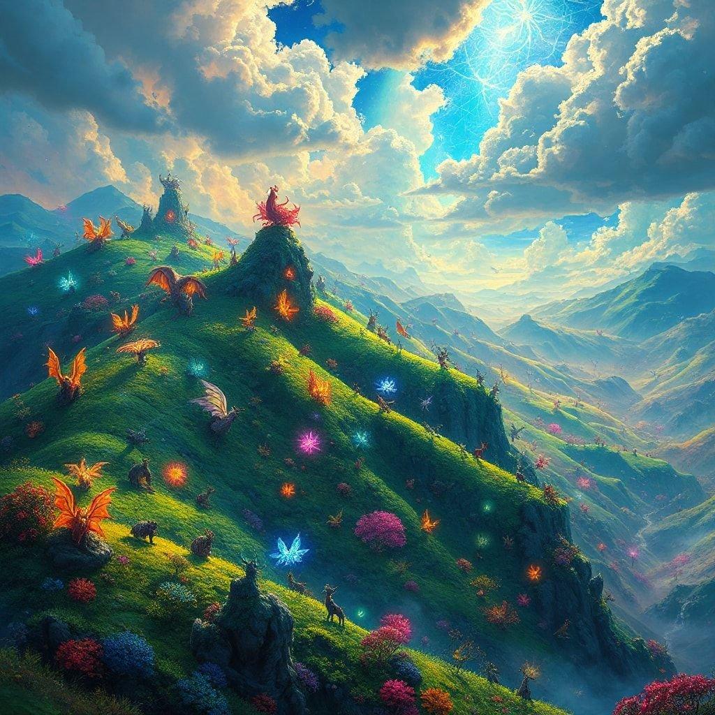 This fantasy landscape wallpaper is a stunning 3D art piece that transports you to a world of wonder and magic. With its vibrant colors and intricate details, it's perfect for anyone who loves fantasy and adventure.