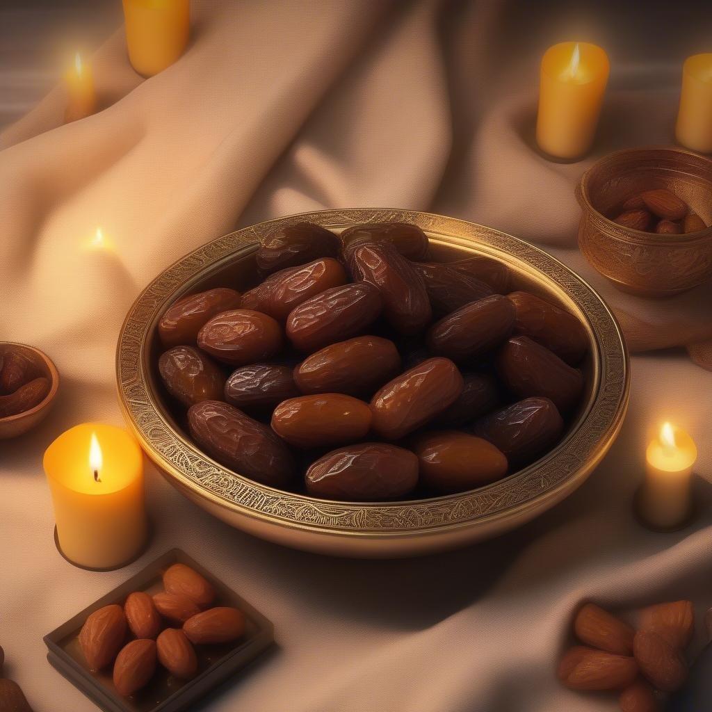 The sweetness of Ramadan, dates presented in a golden candy dish during celebrations. Perfect for decoration or as a snack.