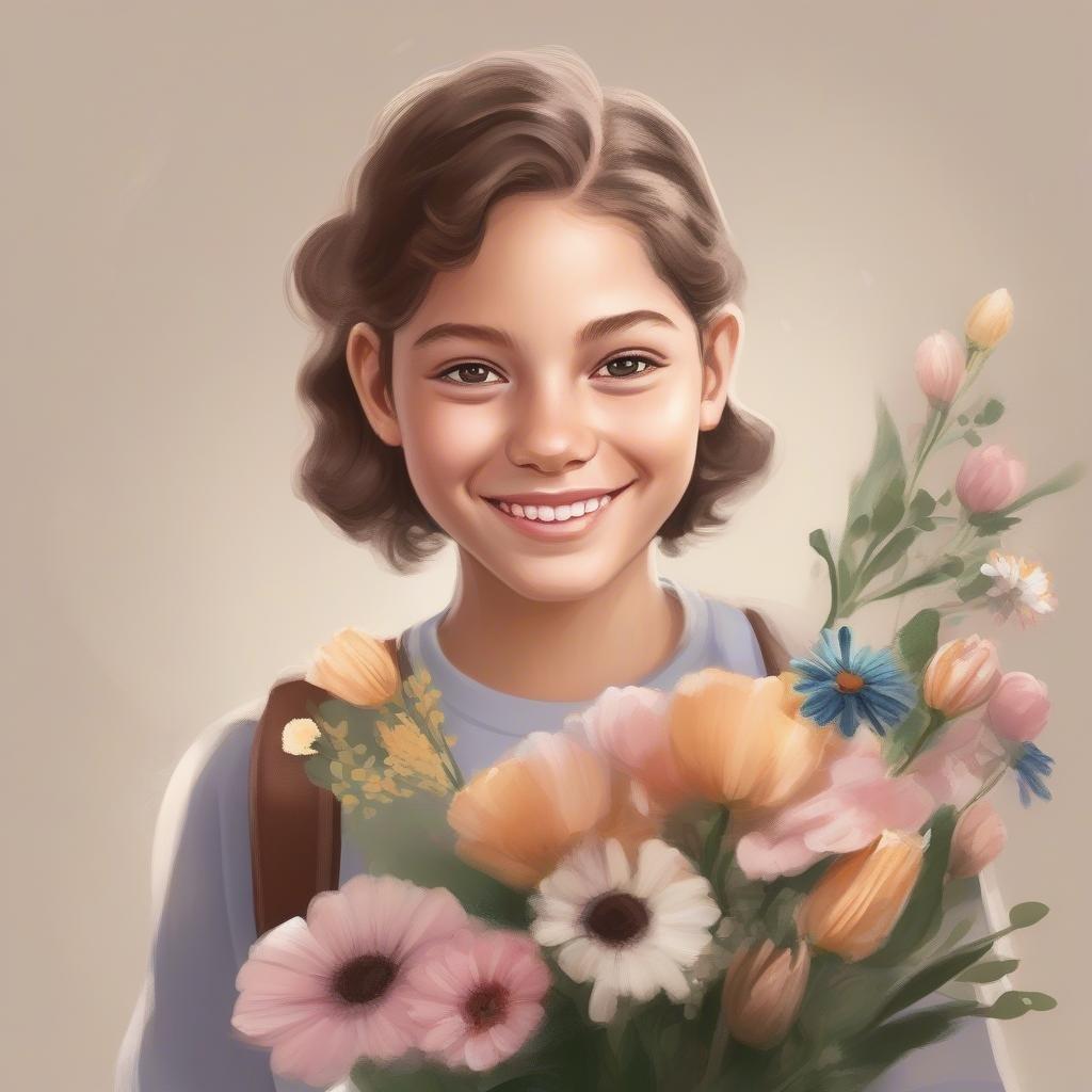 A cheerful girl holding a bouquet of flowers, perfect for a back to school theme.