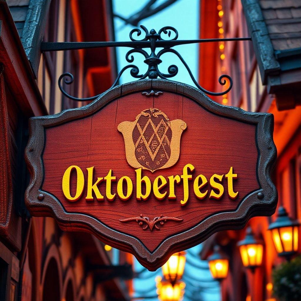 Get into the festive spirit with this Oktoberfest wallpaper, featuring a colorful sign and a blurred background of buildings and lights.