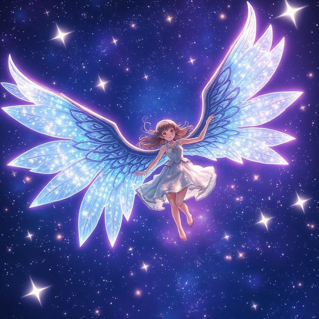 Soar into the night sky with this enchanting celestial wallpaper, featuring an ethereal anime character with wings. This dreamy digital art piece is perfect for those who love a touch of magic and mystery in their desktop backgrounds.