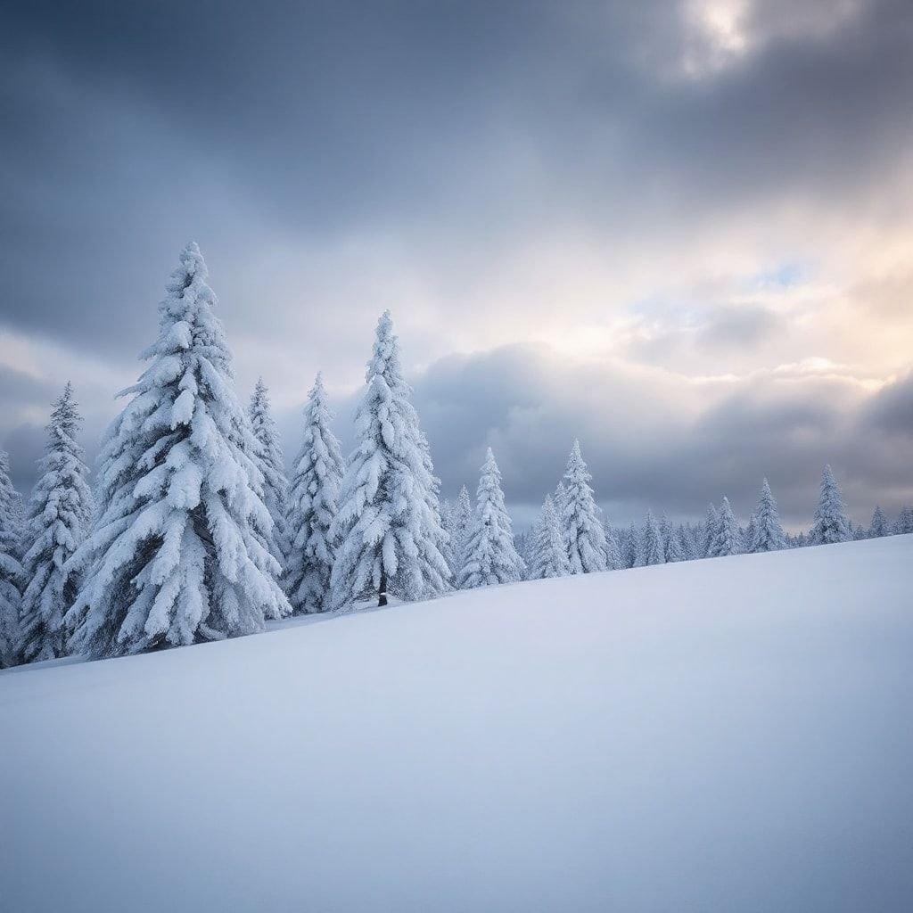 A serene winter landscape featuring snow-covered trees and a misty sky. Perfect wallpaper for a cold, tranquil mood.