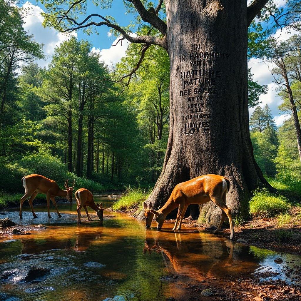 A serene scene in the woods where two deer are quenching their thirst from a river. The words 'In Harmony with Nature' beautifully inscribed on a large tree trunk serve as an inspiring reminder of our connection to nature.