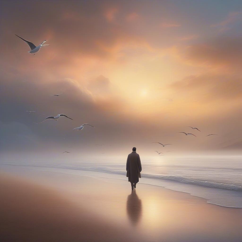 This tranquil beach scene captures the serene moments at sunset, where a solitary figure walks along the wet sand, leaving behind a reflective shadow. Seagulls soar in the sky, and distant waves crash gently onto the shore, creating a peaceful atmosphere ideal for relaxation or deep thought.