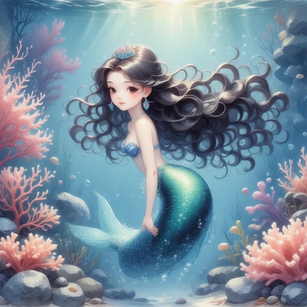 In the depths of an underwater garden, a beautiful mermaid princess swims gracefully. Her hair cascades in light and dark hues, mirroring the ethereal beauty of her surroundings. Kelp and corals are interspersed throughout the scene, adding a sense of whimsy to the tranquil setting. The image captures a moment of serene elegance, with the mermaid's enchanting expression inviting viewers into this magical underwater world.