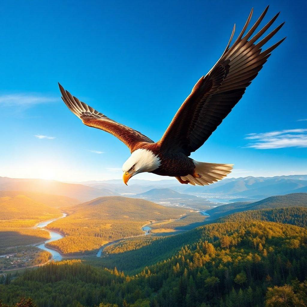 Questa straordinaria immagine presenta un maestoso aquila calva che sorvola un paesaggio mozzafiato, catturando la bellezza e la libertà della natura.