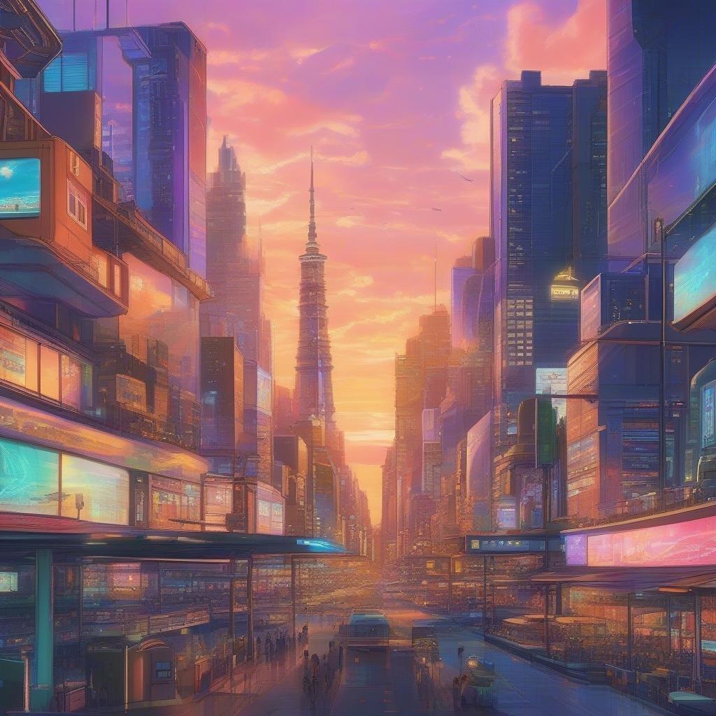 Dette anime-stil bylandskab baggrundsbillede fanger essensen af en futuristisk metropol ved skumringstid, med en livlig reklame i forgrunden og høje bygninger og en oplyst himmel i baggrunden.