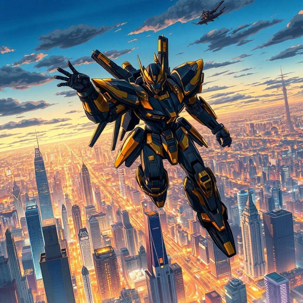 This stunning anime wallpaper features a futuristic mecha pilot soaring above a bustling metropolis, exuding a sense of tranquility and sci-fi wonder.