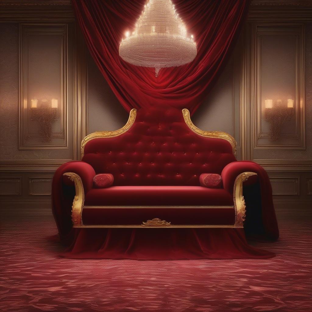 Experience the opulence of royalty with this throne room wallpaper. Red velvet furniture, a gold chandelier, and an ornate tapestry backdrop evoke a sense of grandeur and majesty.