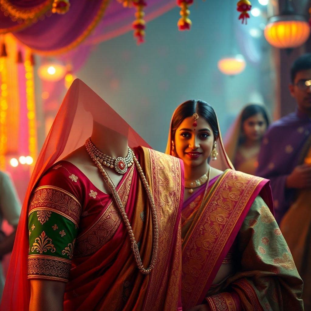 A joyous scene at a festive event, with people dressed in traditional Indian attire celebrating the Diwali festival. The vibrant colors and elaborate clothing are indicative of the rich cultural heritage that this occasion represents.