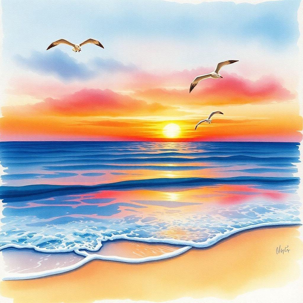 Diese digitale Illustration zeigt eine ruhige Strandszene bei Sonnenuntergang, mit sanften Wellen, die gegen das Ufer schlagen, und Möwen, die über einem azurblauen Himmel fliegen. Die lebendigen Farben vermitteln ein Gefühl von Entspannung und Gelassenheit.