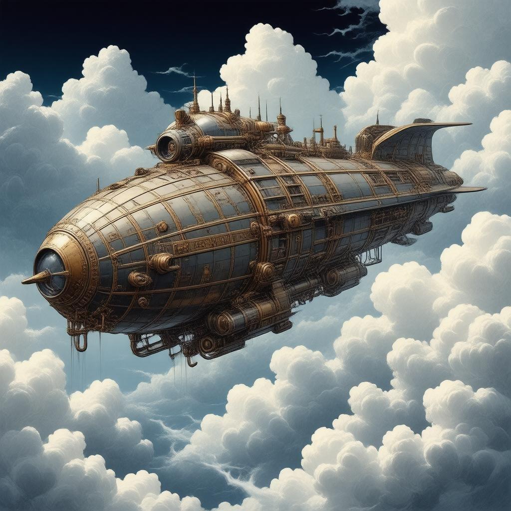 Experience the adventure of a lifetime as you soar through the clouds on a steampunk-inspired airship. This magnificent vessel, with its intricate patterns and large head, is a marvel of engineering and craftsmanship that captures the spirit of anime. The deep blue sky forms a stunning backdrop for this fantastical scene, while wispy strands of fog add a touch of mystery to the journey.