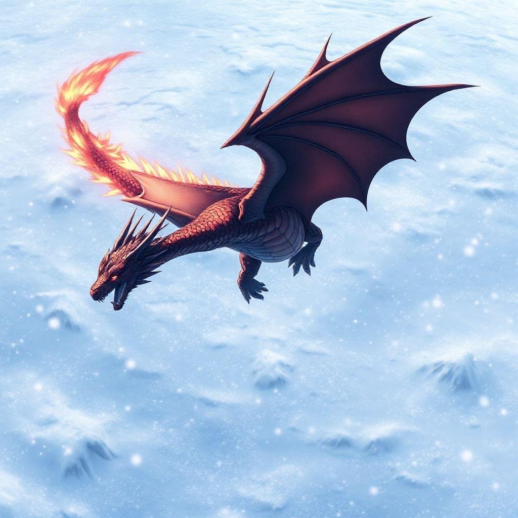 Une illustration de style anime représentant un puissant dragon s'élevant au-dessus d'un pays des merveilles hivernal, sa queue enflammée flamboyant contre la neige blanche et nette. Les ailes du dragon sont largement ouvertes et son corps est incliné vers la droite alors qu'il manœuvre dans les airs au milieu d'une tempête de flocons de neige tombants. La scène est baignée de teintes bleues et blanches, capturant un sentiment de mouvement et de tranquillité.