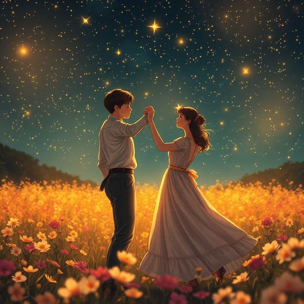 A serene moment shared by a couple under the starlit sky, with a field of flowers as their backdrop.