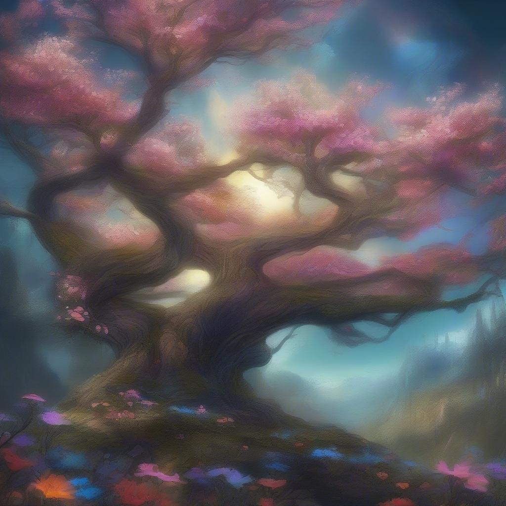 This digital artwork captures a mystical scene with an ancient cherry blossom tree standing as the centerpiece. The tree is awash in soft pink petals, suggesting it's either springtime or the tree has recently bloomed. The background fades into a dreamy landscape of mist and twilight colors, enhancing the serene atmosphere.