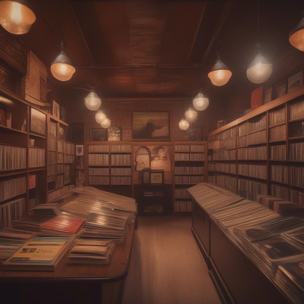 A cozy bookshelf with vintage books and records, illuminated by warm track lighting, evoking the nostalgic charm of old libraries.