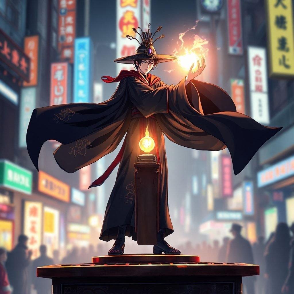 This captivating anime illustration depicts a futuristic Tokyo street performer, clad in a sleek black robe and hat, standing confidently on a platform with a mysterious magic-like object at its center. The scene is bathed in warm, inviting light, imbuing the atmosphere with a sense of motion and intrigue. The blurred background effectively draws the viewer's focus to the performer's dynamic pose, exuding an air of mystique and allure.