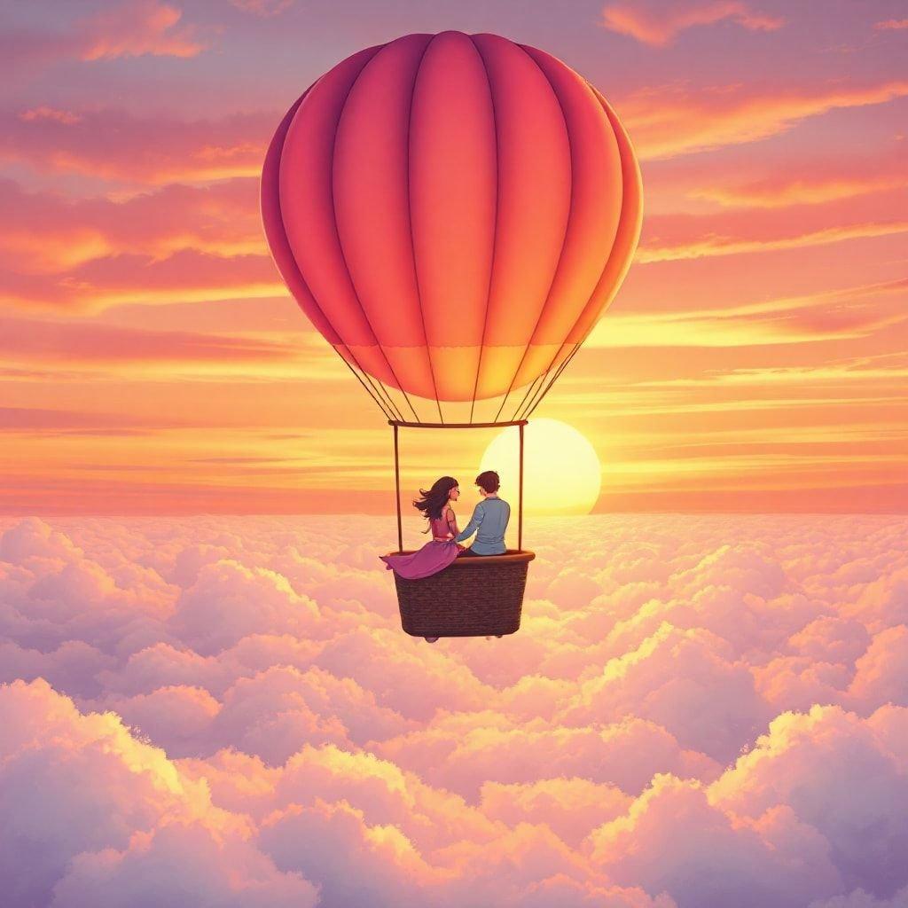 A romantic hot air balloon ride at sunset, perfect for a wedding or anniversary celebration.