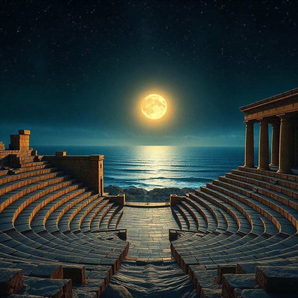 Immerse yourself in the tranquility of history with this moonlit view of an ancient Greek temple overlooking a serene seascape. The soft glow of the full moon casts an ethereal light on the ruins, highlighting the grandeur and timeless charm of this landmark.