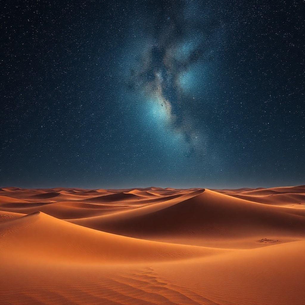 Experience the serenity of a desert landscape at night, where the stars shine brightly against a clear sky. A view that will take your breath away and inspire wanderlust.