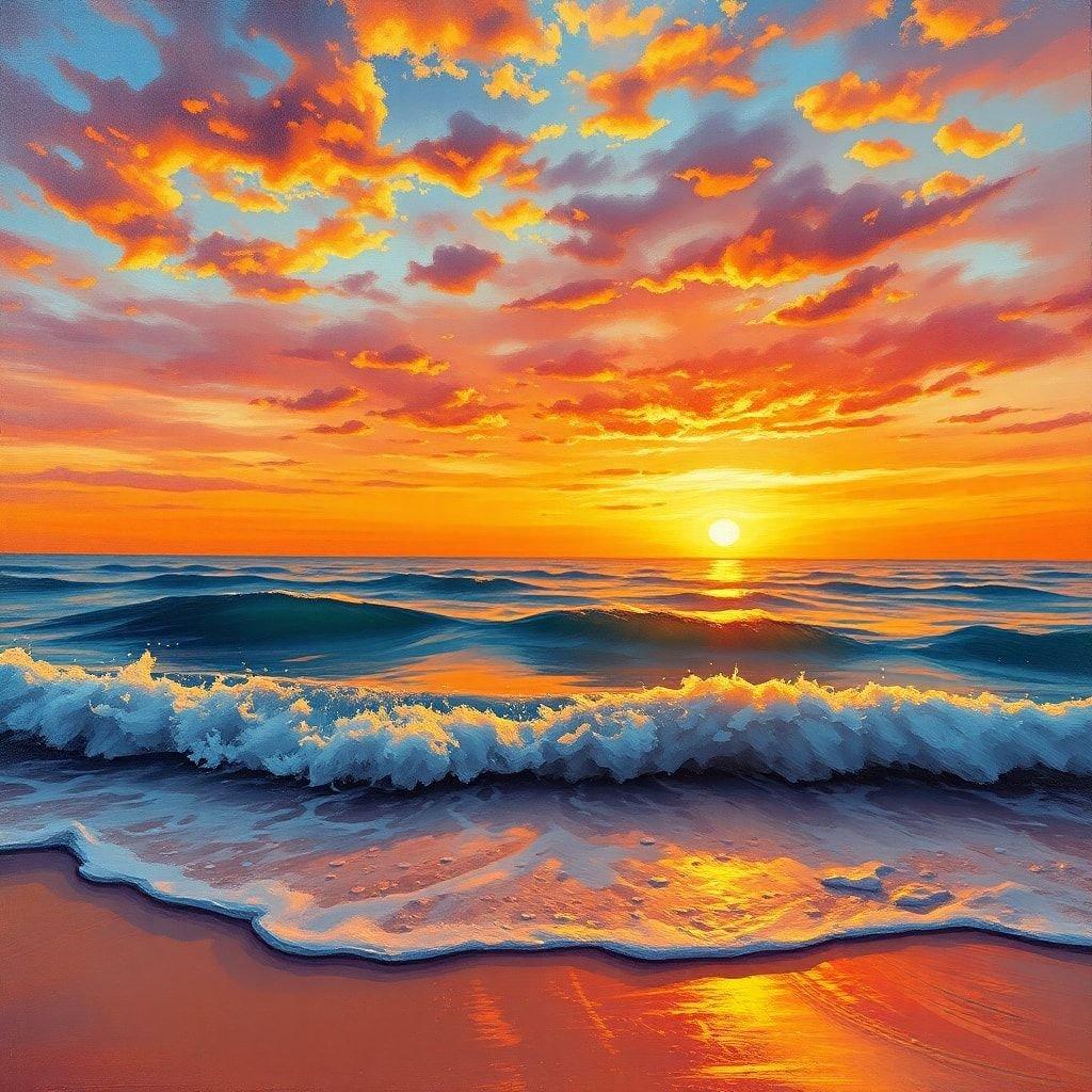 A breathtaking sunset over the ocean, with the sky painted in hues of orange, pink, and purple. The waves gently lap at the shore, creating a sense of tranquility and peace.