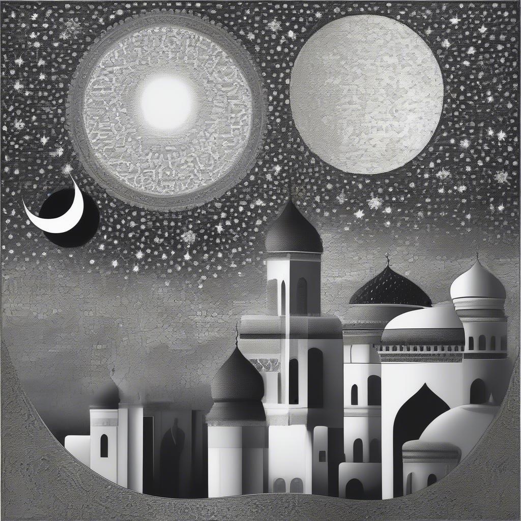 A serene depiction of an Islamic city during Ramadan, with the stars shining bright above its domes and minarets. The tranquil scene evokes a sense of peacefulness and reflection in the heart of the holy month.