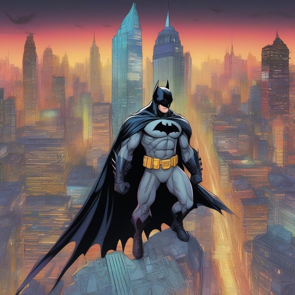 Casual, SEO-optimized competitive description about the iconic comic book hero, Batman, perched atop a skyscraper with Gotham City skyline in the background during dusk.