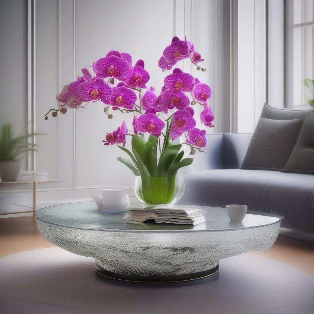 This beautiful image of purple orchids in a vase is perfect for anyone who loves flowers. The vibrant purple color of the orchids adds a pop of color to any room, and the vase adds a touch of elegance.