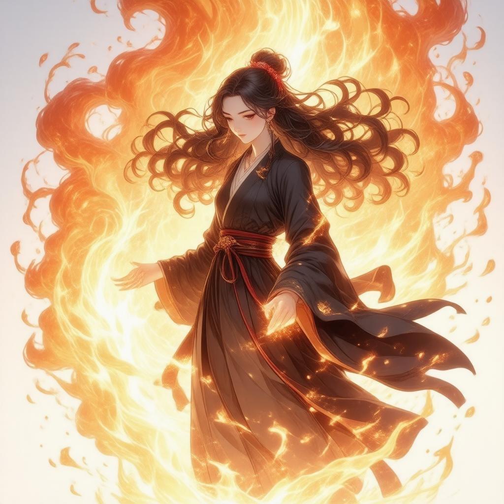 Immerse yourself in the captivating world of anime with this stunning wallpaper featuring a powerful woman in a black robe, surrounded by a vibrant orange and yellow inferno.