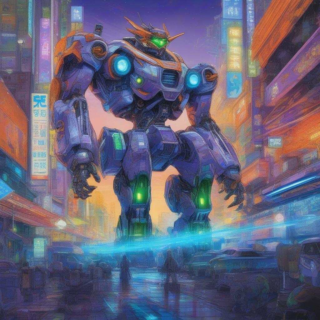 Gör dig redo för en episk strid med denna anime mecha robotbakgrund, som visar en robot med intensiva orange ögon och en blandning av blå och lila nyanser, som slåss mot en utomjordisk kraft ovanför Tokyo, mot en bakgrund av neonlys.