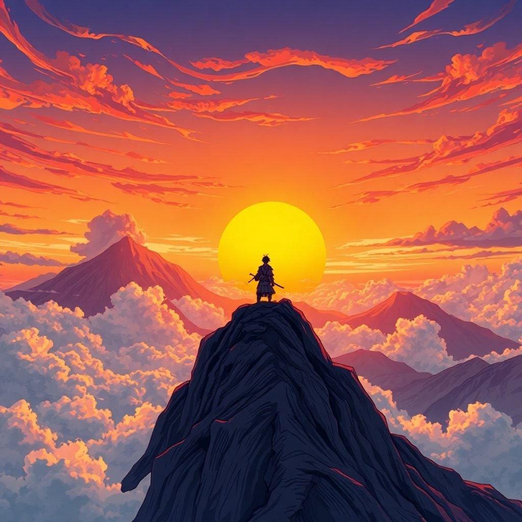 Erleben Sie die atemberaubende Schönheit eines Anime-Sonnenuntergangs mit einem jungen Samurai, der auf einem majestätischen Berggipfel steht, umgeben von wirbelnden Wolken und einer orangefarbenen Sonne.