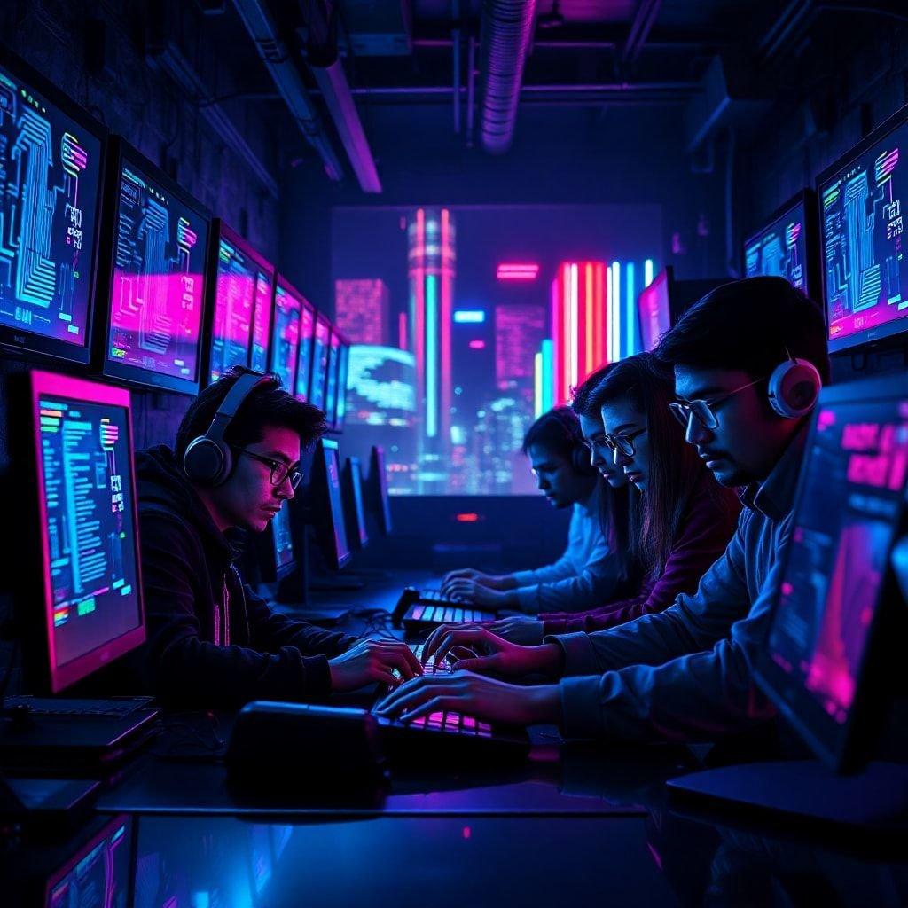 Four individuals immersed in the glowing screens of a futuristic workspace, where technology and teamwork blend seamlessly.