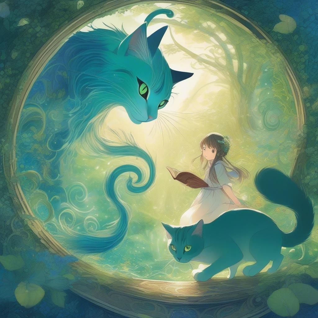 This captivating anime illustration showcases a young girl's magical abilities as she summons a giant cat, with the cat's blue and green fur standing out against the intricate swirling portal. The mysterious scene is filled with magic, creating an enchanting, fantasy-filled atmosphere.