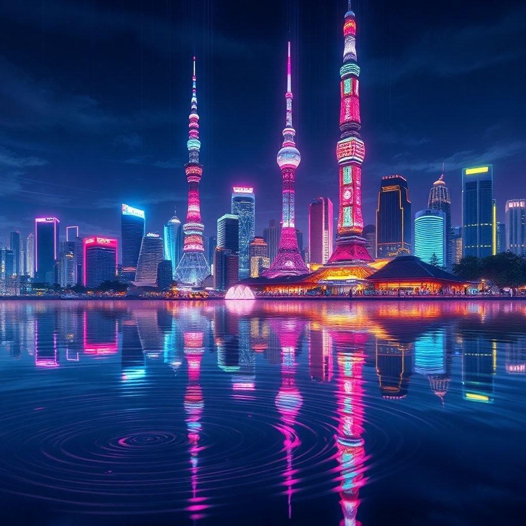 Immerse yourself in the vibrant world of anime with this stunning Tokyo cityscape wallpaper. The neon lights reflecting off the tranquil lake create a mesmerizing scene, while the bustling metropolis in the background adds depth and energy to the image.