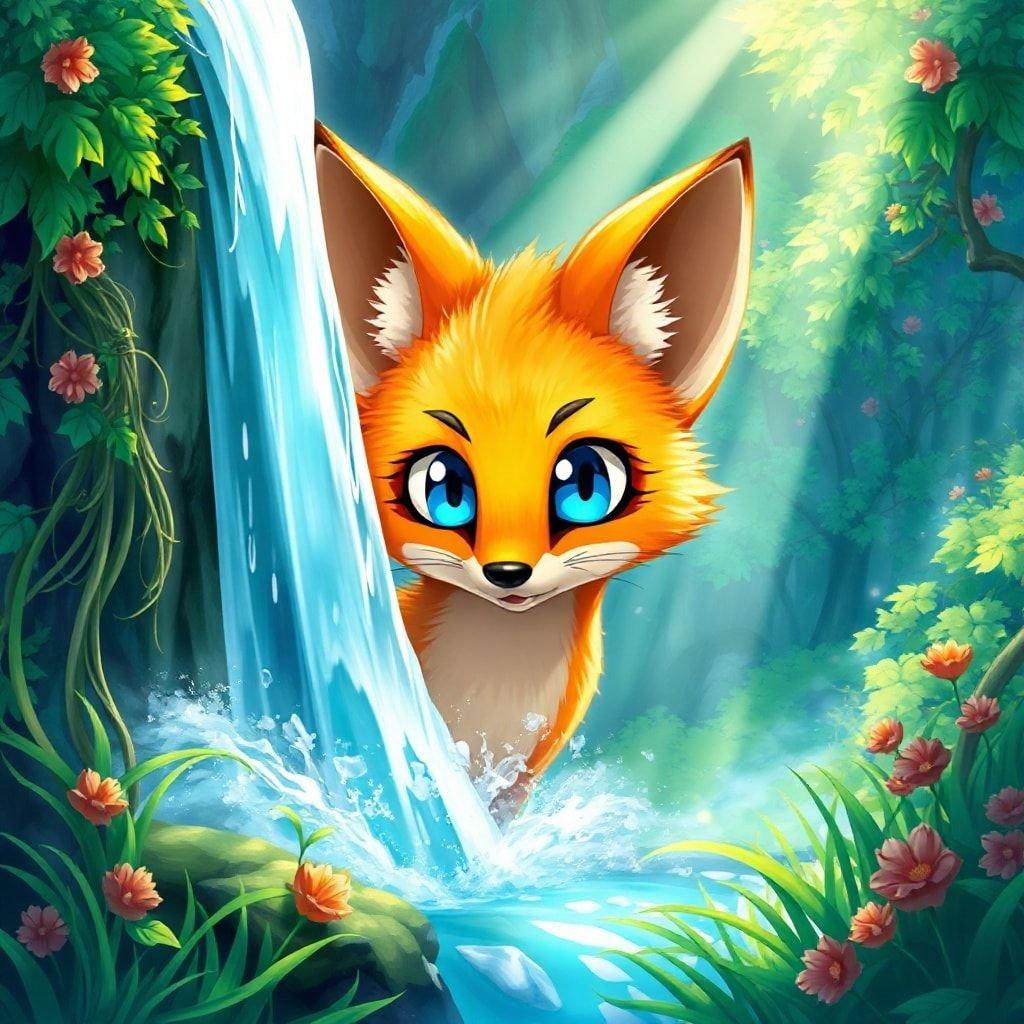 Una hermosa ilustración en estilo anime de un zorro asomándose detrás de una cascada en un valle exuberante, con colores vibrantes y un toque caprichoso.